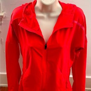 Adidas orange coral hooded lined full zip nylon logo pockets windbreaker, size M
